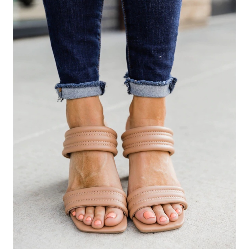 Pink Lily Raina Nude Double Strap Block Heeled Sandals New